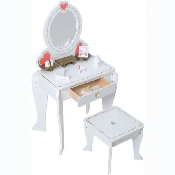 Girls Wooden Dressing Table with Mirror and Stool Rich Gadgets Dresser Furniture Toys - 图片 2