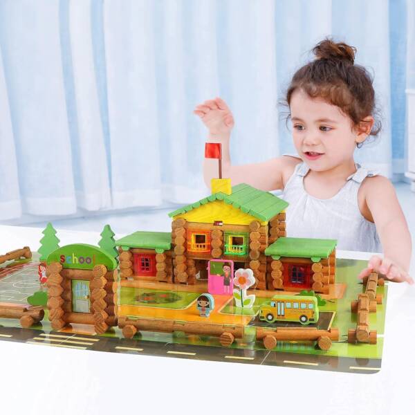270pcs Real Wood Logs Set Ages 3+, Classic Building Log Gift Set for Boys/Girls