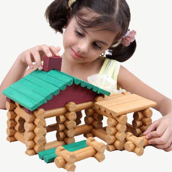 90pcs Classic Wood Cabin Logs Set, Farm House Construction Educational Toys