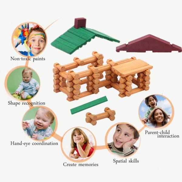 90pcs Classic Wood Cabin Logs Set, Farm House Construction Educational Toys - 图片 2