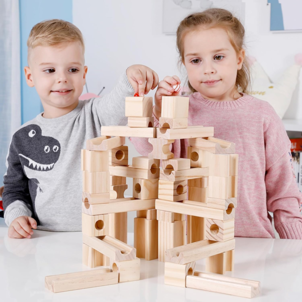 Wooden Marble Run for Kids 80 Pieces Building Blocks Toys