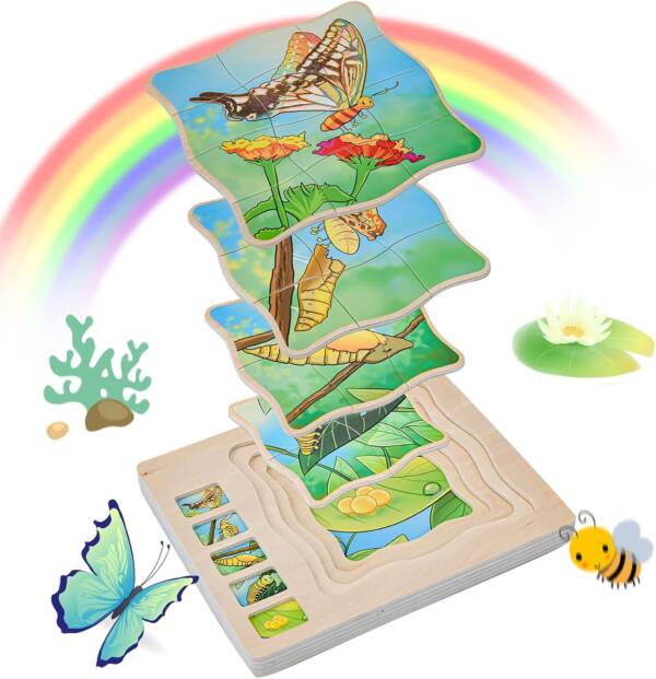 Wooden 5 Layers Butterfly&Frog Growth Process Life Cycle Puzzles