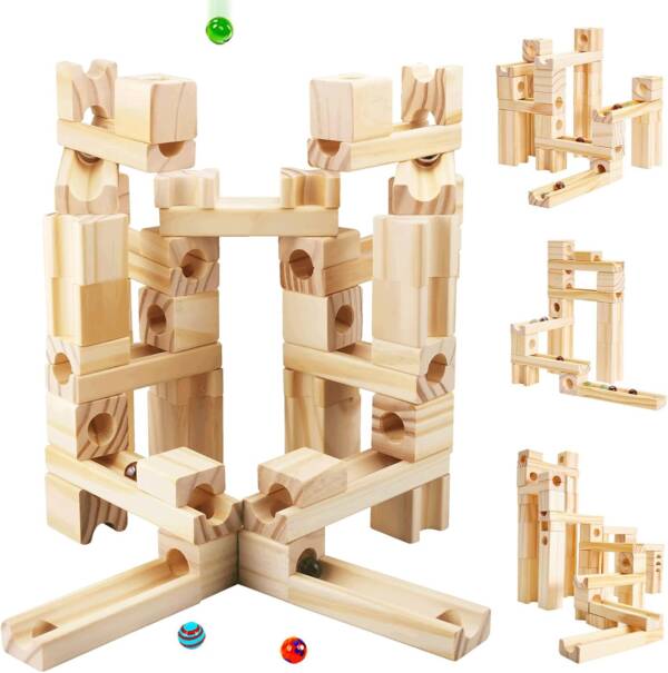 60PCS Wooden Marbles Running Blocks Toys Early Learning Building Games
