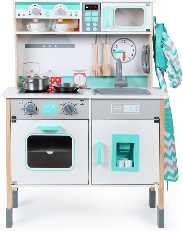 Wooden Play Kitchen for Kids, Toddler Kitchen Playset with Sounds & Lights