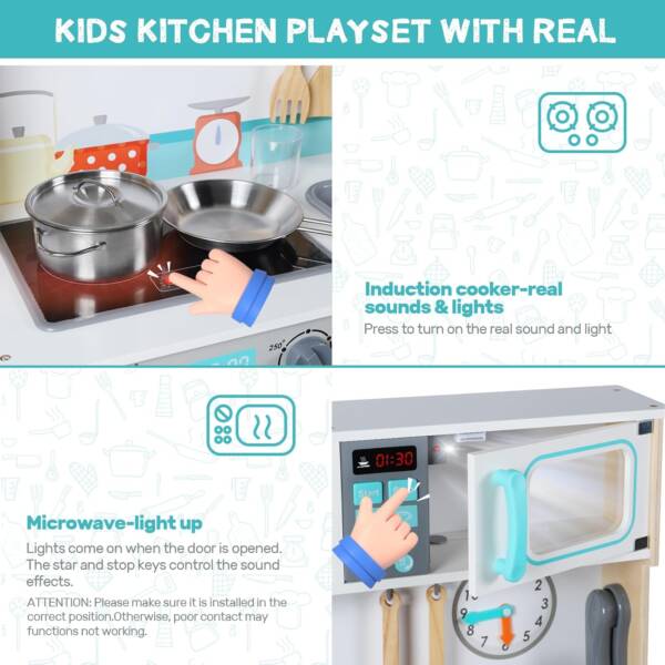 Wooden Play Kitchen for Kids, Toddler Kitchen Playset with Sounds & Lights - 图片 5